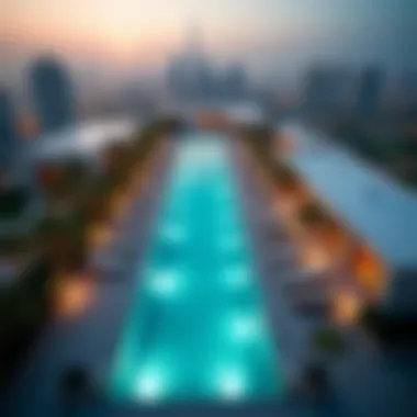 A stunning aerial view of the Aura Sky Pool showcasing its unique design and luxury setting.