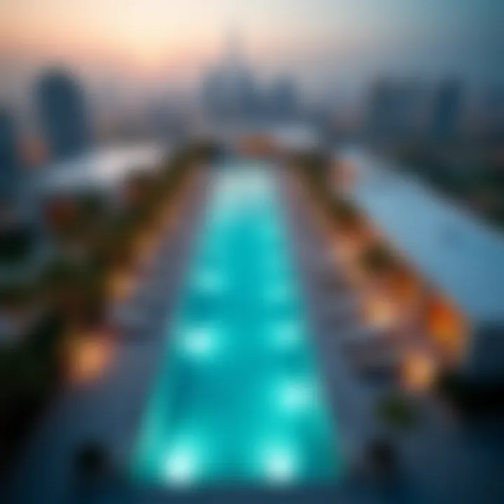 A stunning aerial view of the Aura Sky Pool showcasing its unique design and luxury setting.