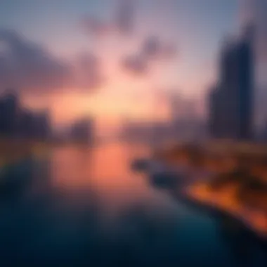 Stunning view of Dubai Marina at sunset with illuminated skyscrapers