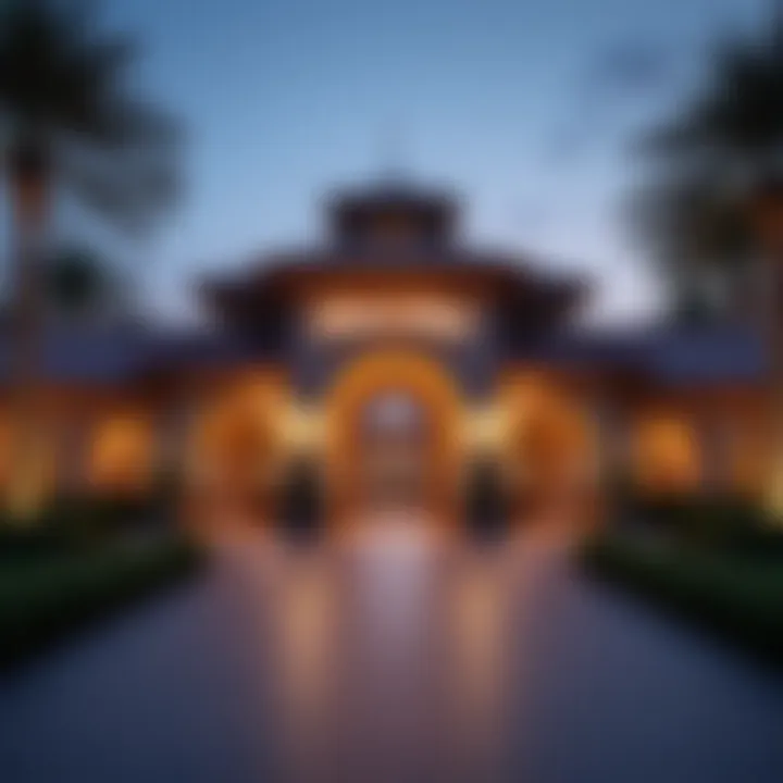 A stunning view of the Global Village entrance at dusk