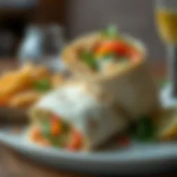 A beautifully plated shawarma wrap with fresh vegetables and sauces