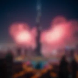 A panoramic view of Burj Khalifa lit up during fireworks display