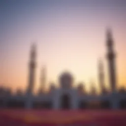 A panoramic view of a grand mosque in Dubai during sunset